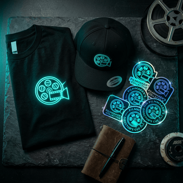 Premium film merchandise including custom t-shirts, hats, and decals